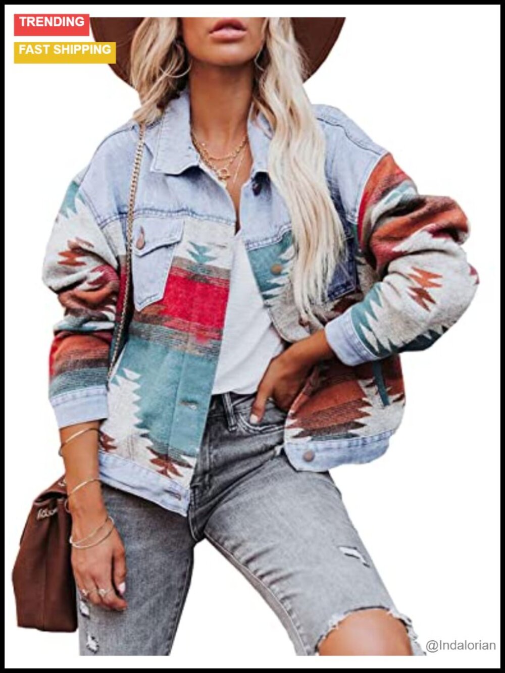 Aztec Print Loose Shacket Button Down Long Sleeve Woolen Jacket